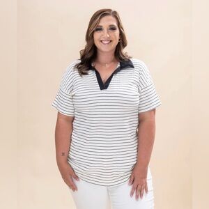 NWOT HEIMISH USA Striped Short Sleeve Collared Top Size M